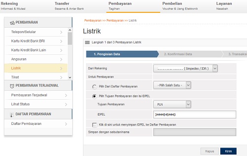 internet banking bayar listrik